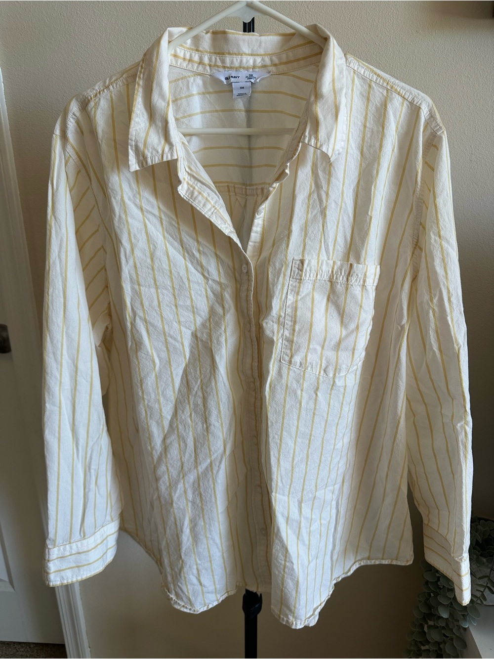 Old Navy Cream Button-Down Shirt with Yellow Stripes